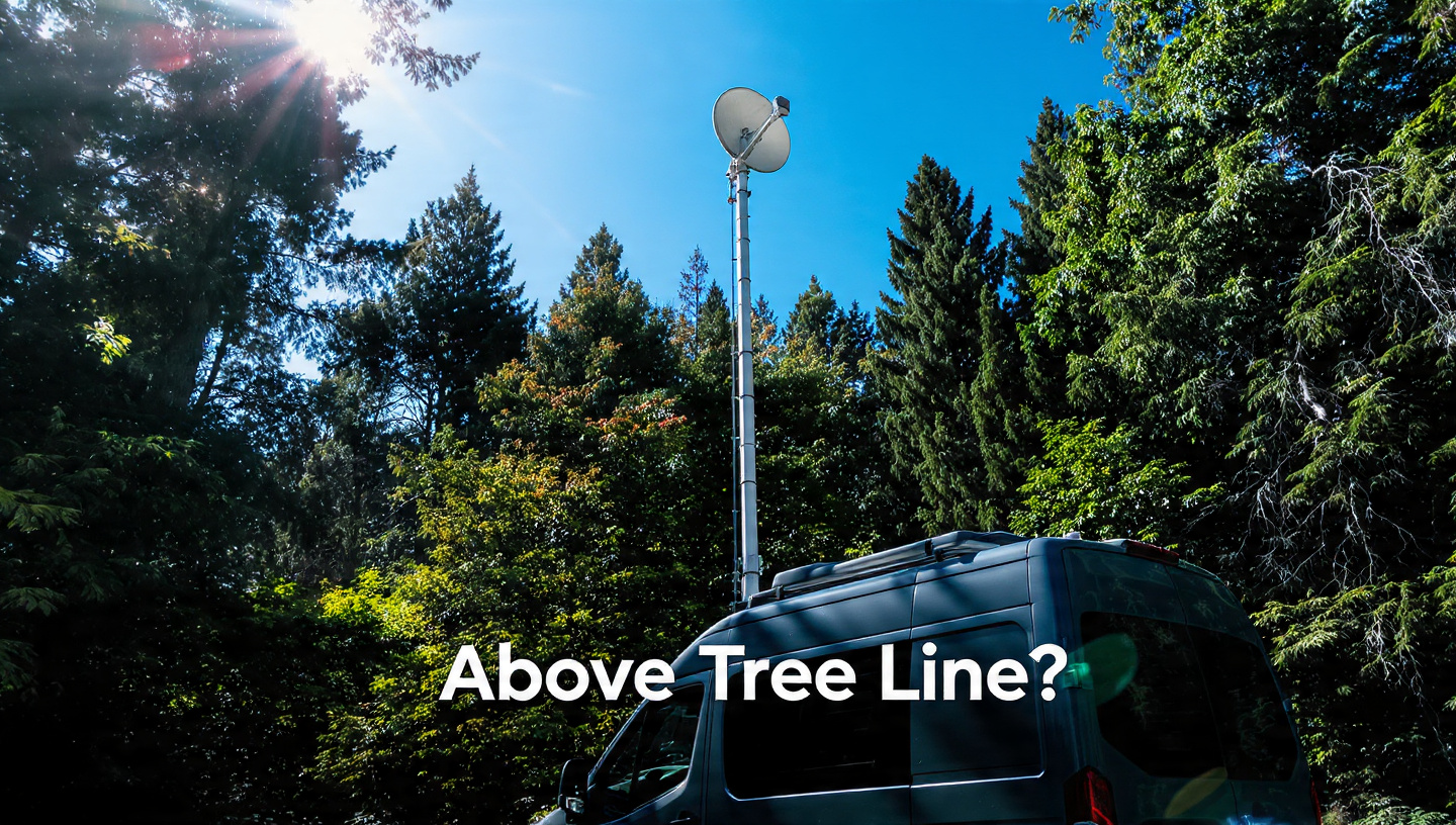 Starlink elevated on PVC pole for clear sky access and improved connectivity in forest