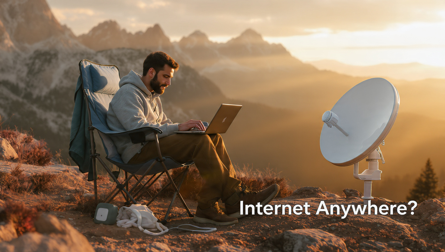 A ultra realistic 16:9 cinematic image of a digital nomad working on a laptop outdoors with a Starlink Mini satellite dish beside them, breathtaking mountain landscape, golden hour lighting, natural skin tones, clean minimal setup, professional DSLR photography, shallow depth of field, highly detailed, 4K HDR, photorealistic Add subtle modern text overlay: "Internet Anywhere?" in clean bold font, placed naturally on one side, minimal style, not overpowering the image, realistic lighting interaction with background, no clutter