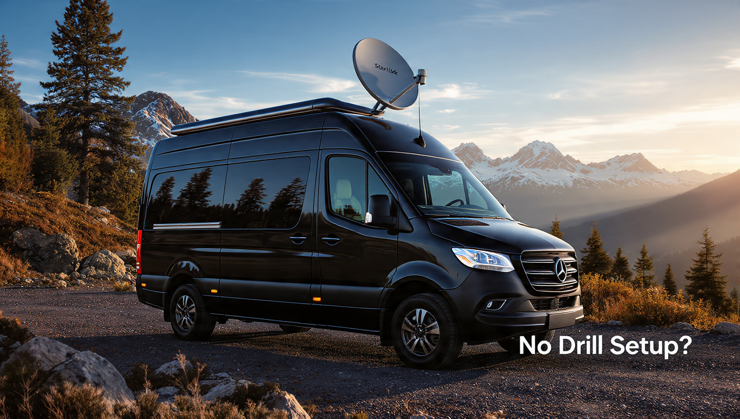 No drill Starlink installation on van roof using magnetic mount and roof rack setup